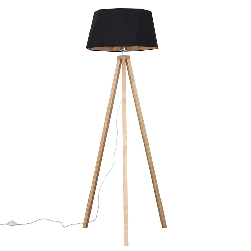 Modern Light Wood Tripod Design Floor Lamp with a Matt Black/Copper Geometric Shade - Complete with a 6w LED GLS Bulb [3000K Warm White]