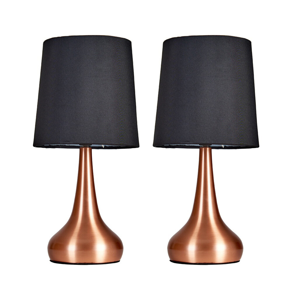 Pair of Modern Copper Teardrop Touch Bed Side Table Lamps with Black Fabric Shades