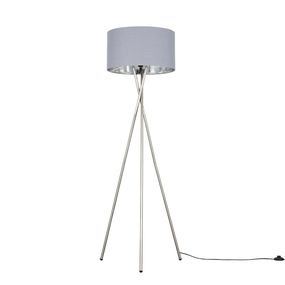 Modern Brushed Chrome Metal Tripod Floor Lamp with a Grey & Chrome Cylinder Shade - Complete with a 6w LED Bulb [3000K Warm White]