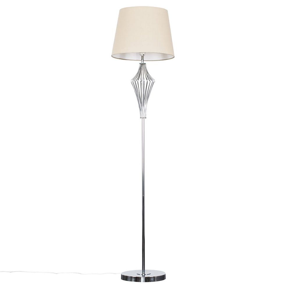 Modern Polished Chrome Metal Wire Geometric Diamond Design Floor Lamp with a Beige Tapered Shade - Complete with a 6w LED GLS Bulb [3000K Warm White]