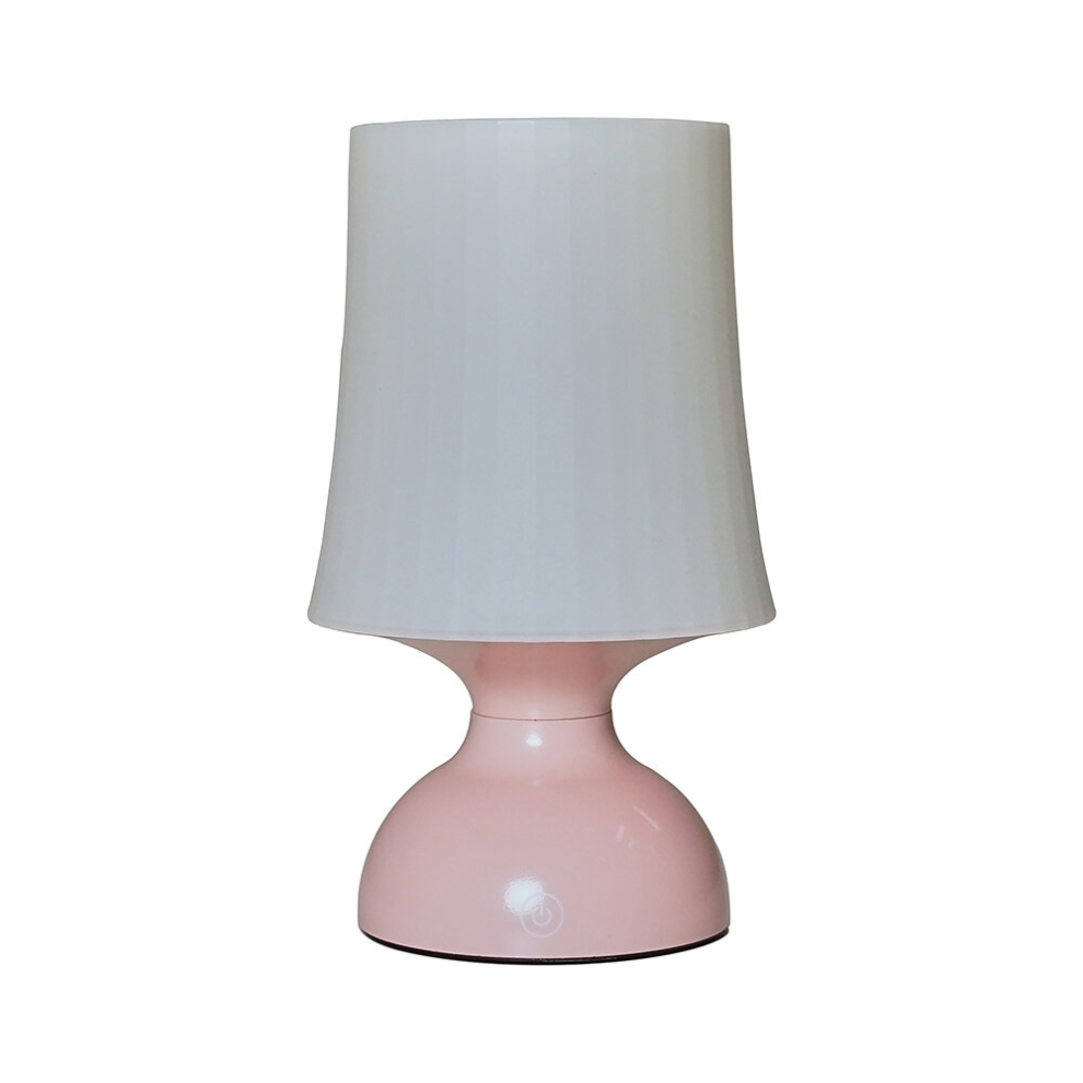Wireless Portable Battery Operated LED Pink Touch Table Lamp with a White Ribbed Tapered Shade