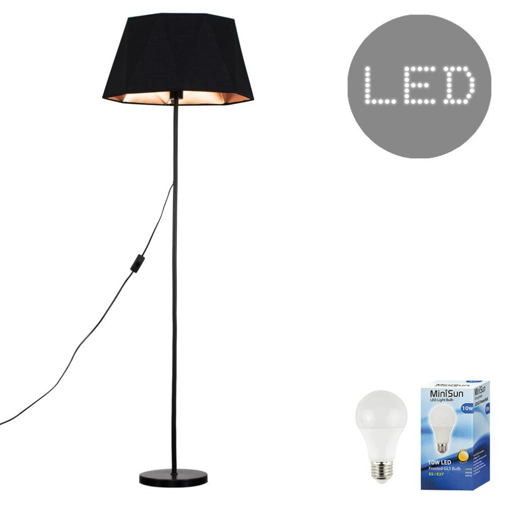 Modern Standard Floor Lamp in a Black Metal Finish with a Black/Copper Geometric Shade - Complete with a 10w LED GLS Bulb [3000K Warm White]