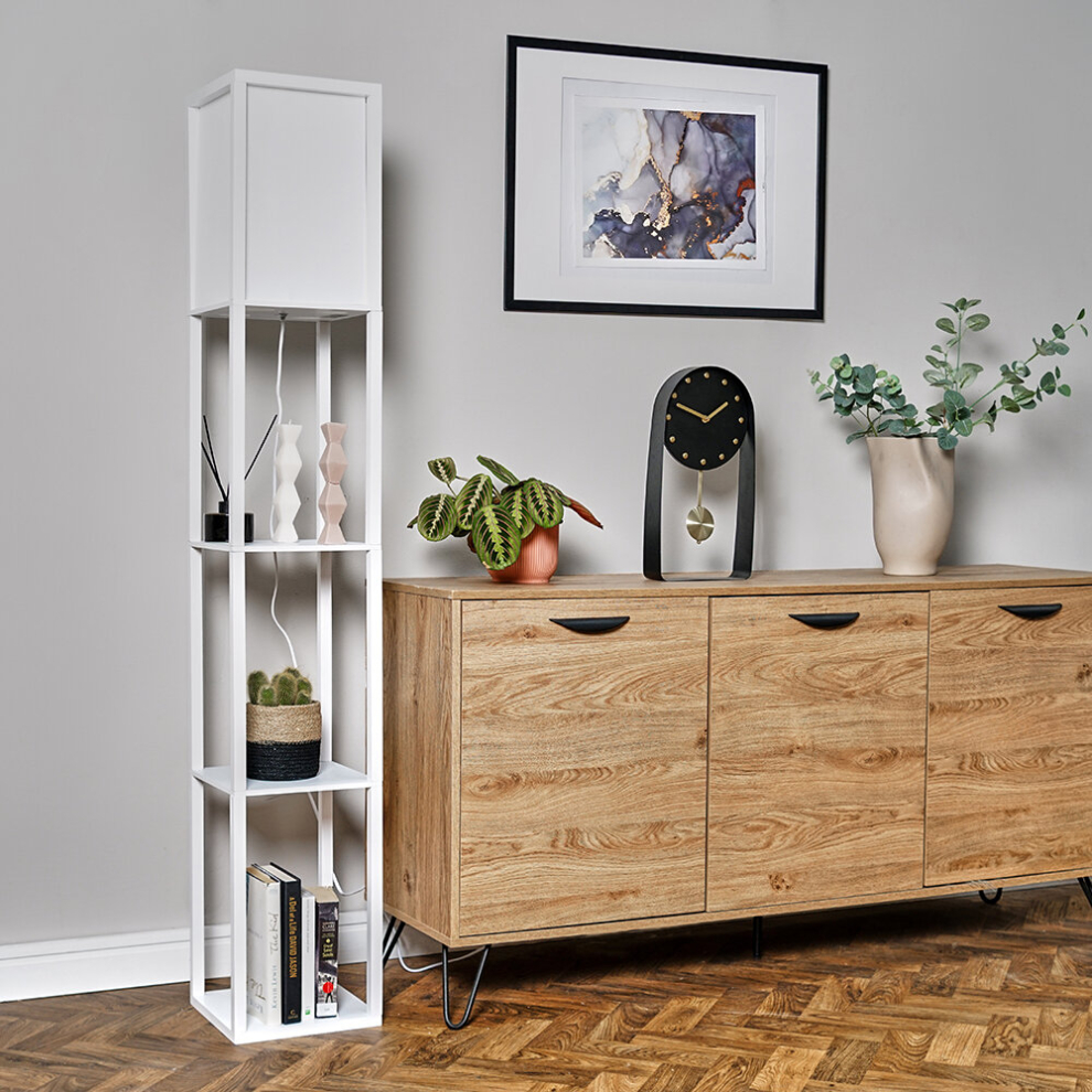 Wooden Floor Standard Lamp with Shelves Living Room Lounge Light - White