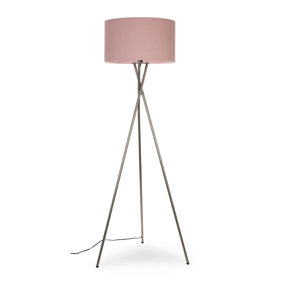 Modern Brushed Chrome Metal Tripod Floor Lamp with a Pink Cylinder Shade - Complete with a 6w LED Bulb [3000K Warm White]