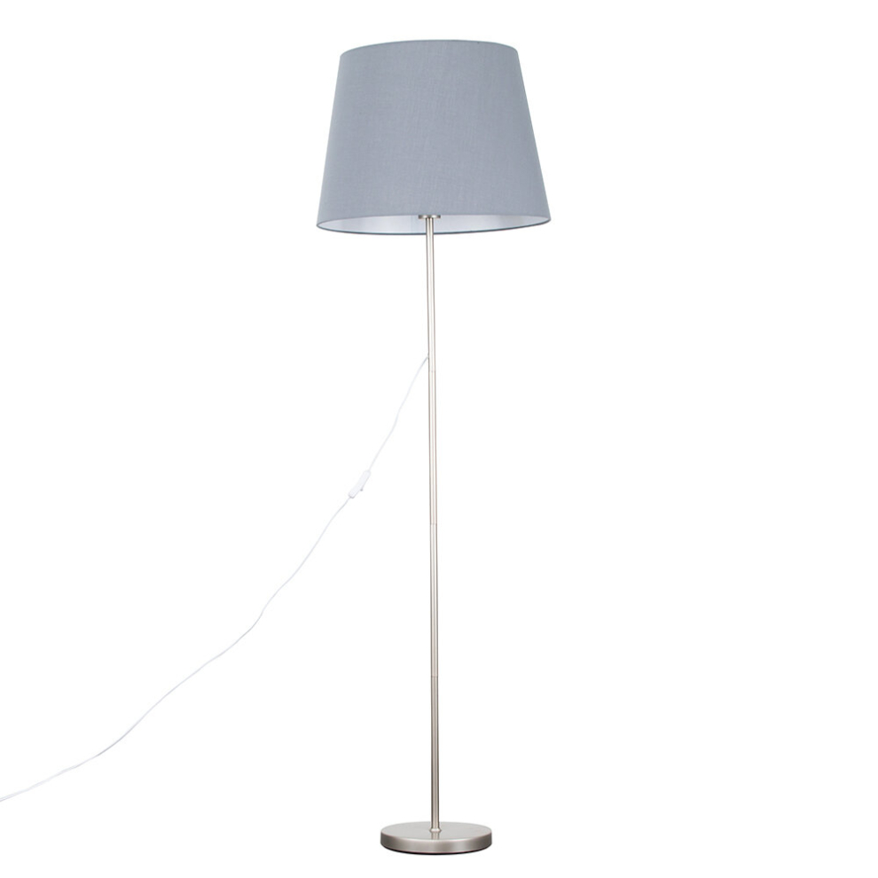 Modern Standard Floor Lamp in a Brushed Chrome Metal Finish with an Extra Large Grey Tapered Shade - With a 6w LED GLS Bulb [3000K Warm White]