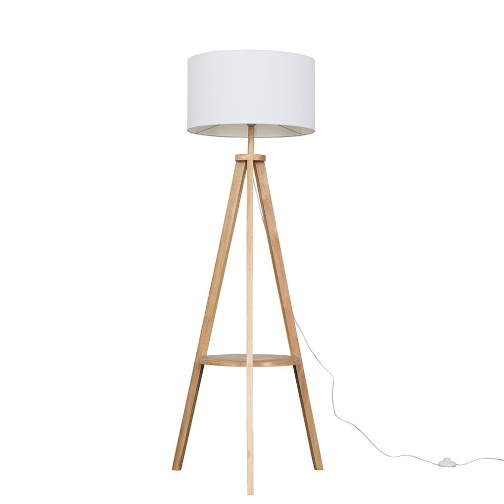 Morrigan Light Wood Wooden Tripod Floor Lamp With White Fabric Shade with Bulb