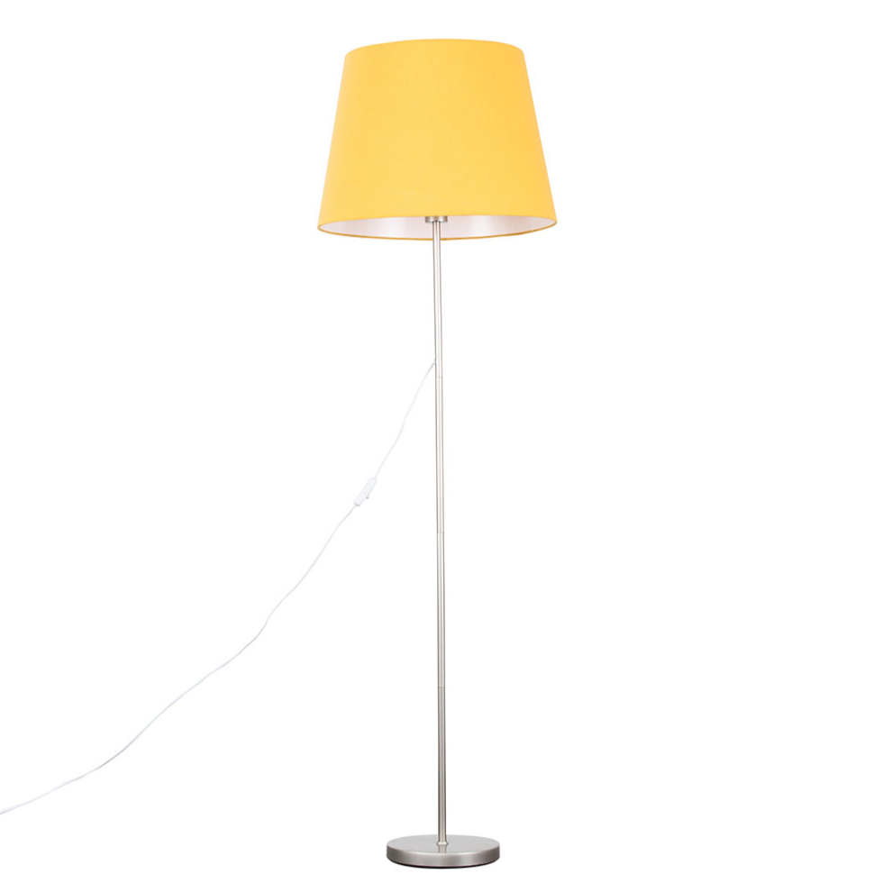 Modern Standard Floor Lamp in a Brushed Chrome Metal Finish with an Extra Large Mustard Tapered Shade - With a 6w LED GLS Bulb [3000K Warm White]