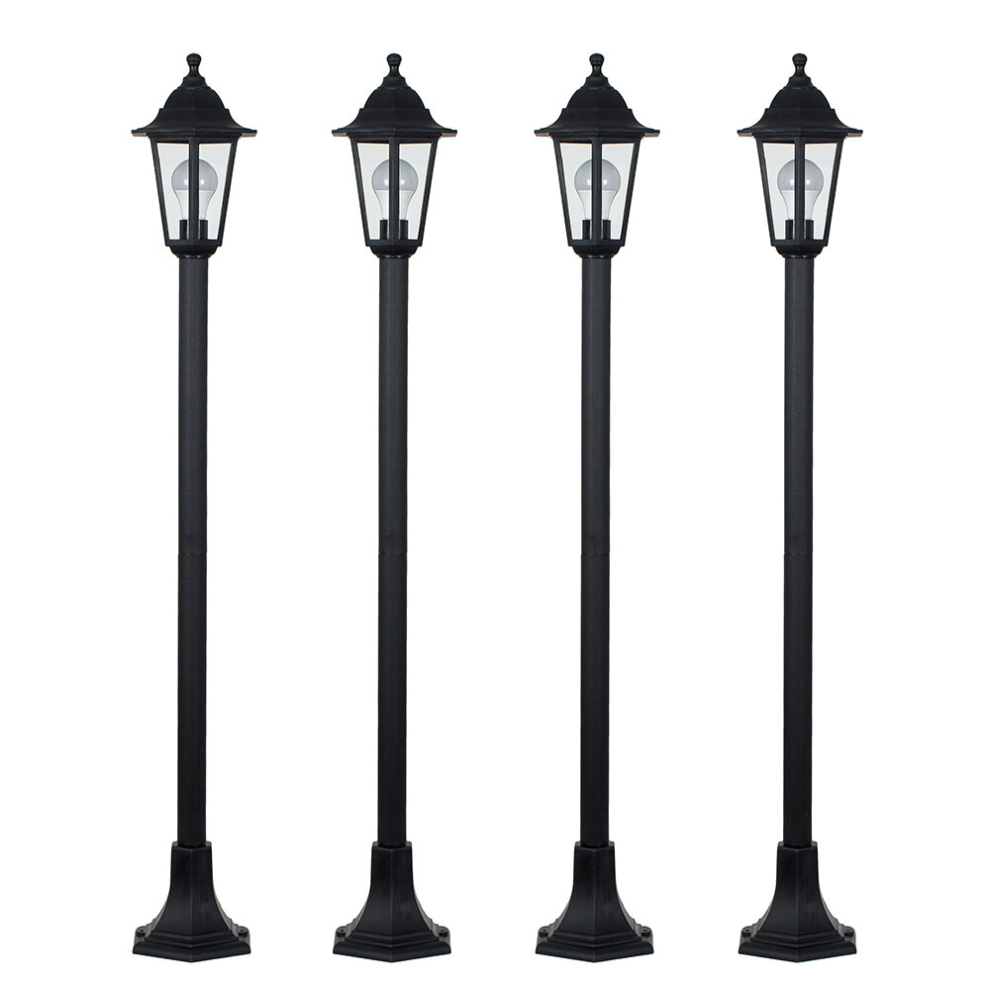 4 x Traditional Victorian Style 1.2m Black IP44 Outdoor Garden Lamp Post Bollard Lights - Complete with 10w LED GLS Bulbs [3000K Warm White]