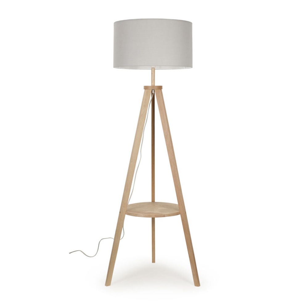 Modern Light Wood Tripod Design Floor Lamp with Storage Shelf & Grey Drum Shade - Complete with a 6w LED Bulb [3000K Warm White]