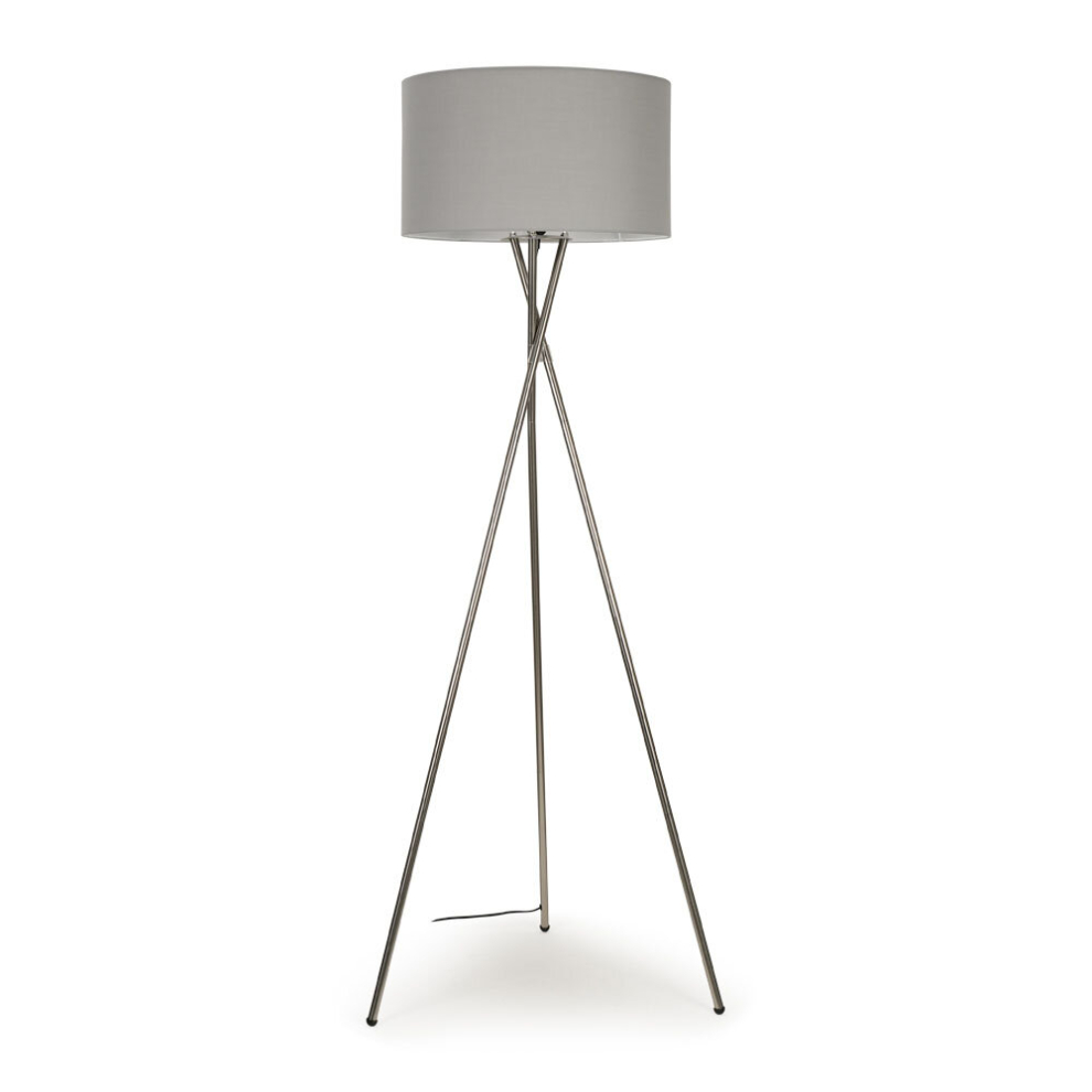 Modern Brushed Chrome Metal Tripod Floor Lamp with a Pale Grey Cylinder Shade - Complete with a 6w LED Bulb [3000K Warm White]