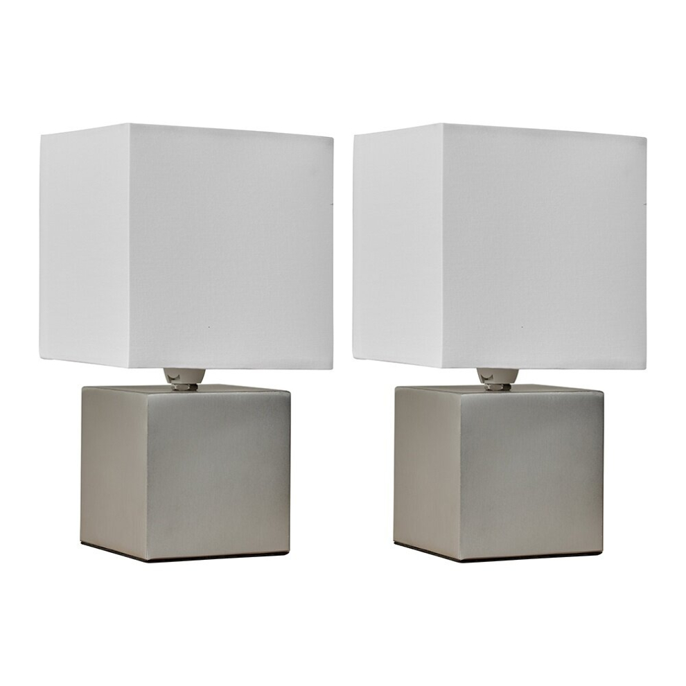 Pair of - Brushed Chrome Cube Design Touch Dimmer Bedside Table Lamps with a White Fabric Light Shade + 5w LED Dimmable Candle Bulbs 3000K Warm White