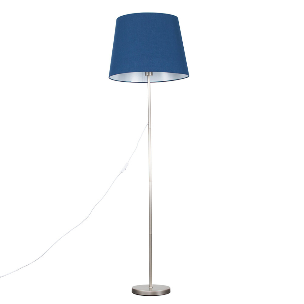 Modern Standard Floor Lamp in a Brushed Chrome Metal Finish with an Extra Large Navy Blue Tapered Shade - With a 6w LED GLS Bulb [3000K Warm White]