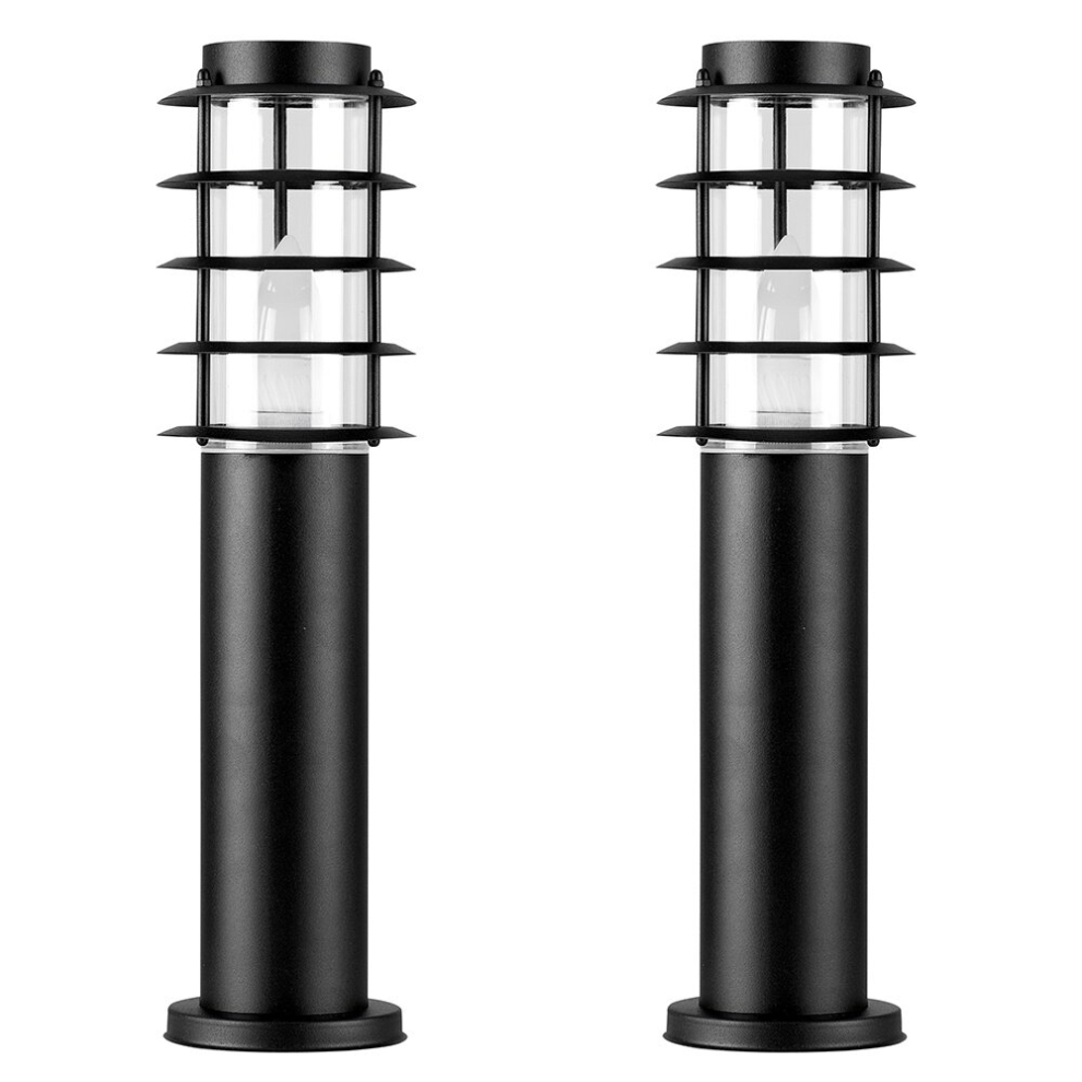 Pair of Modern IP44 Rated Outdoor Black Stainless Steel Bollard Lantern Light Posts - Complete with 4w LED Candle Bulbs [3000K Warm White]