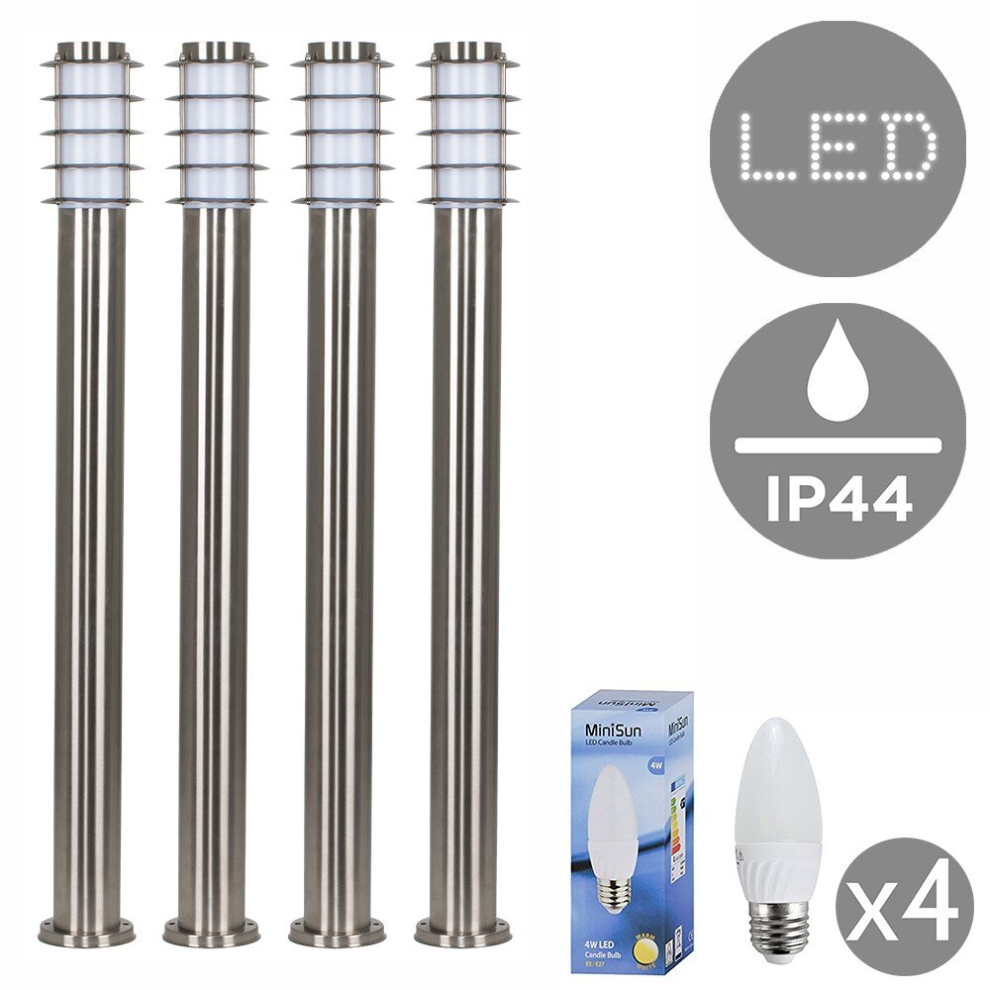 4 x Modern Outdoor Stainless Steel Bollard Lantern Light Posts - 1 Metre - Complete with 4w LED Candle Bulbs [3000K Warm White]