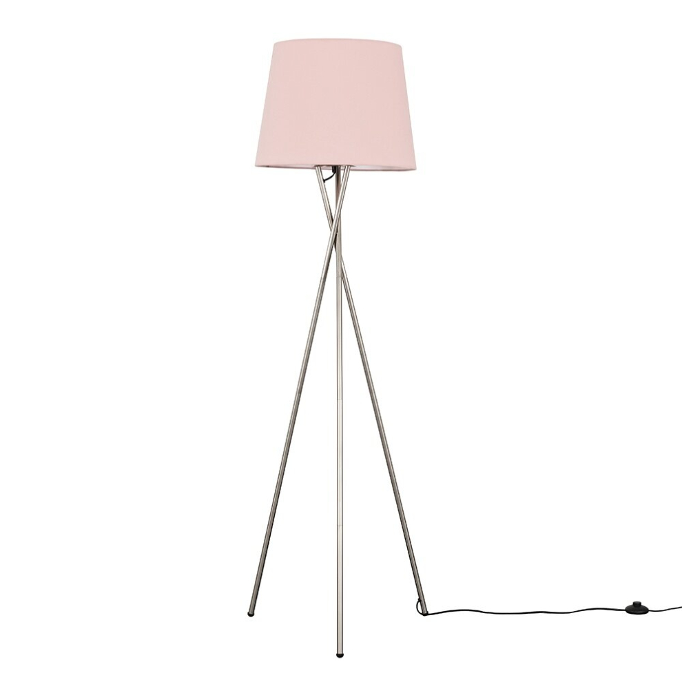 Modern Brushed Chrome Metal Tripod Floor Lamp with a Pink Tapered Shade - Complete with a 6w LED Bulb [3000K Warm White]