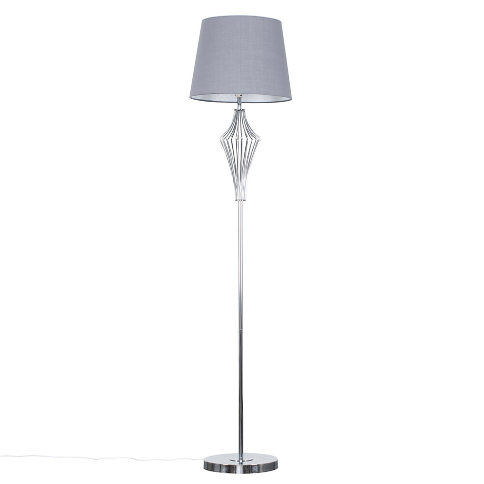 Modern Polished Chrome Metal Wire Geometric Diamond Design Floor Lamp with a Grey Tapered Shade - Complete with a 6w LED GLS Bulb [3000K Warm White]