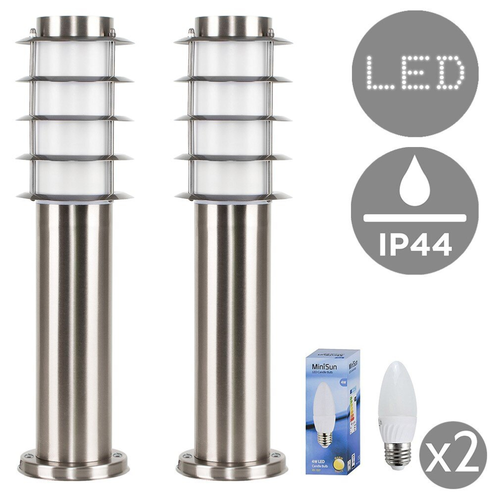 Pair of Modern Outdoor Stainless Steel Bollard Lantern Light Post - 450mm - Complete with 4w LED Candle Bulbs [3000K Warm White]