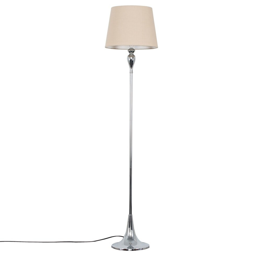 Modern Polished Chrome Spindle Design Floor Lamp with a Beige Tapered Shade - Complete with a 10w LED GLS Bulb [3000K Warm White]