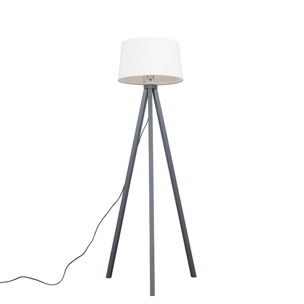 Modern Copper Wood Tripod Floor Lamp with a White Faux Linen Tapered Shade - Complete with a 6w LED Bulb [3000K Warm White]