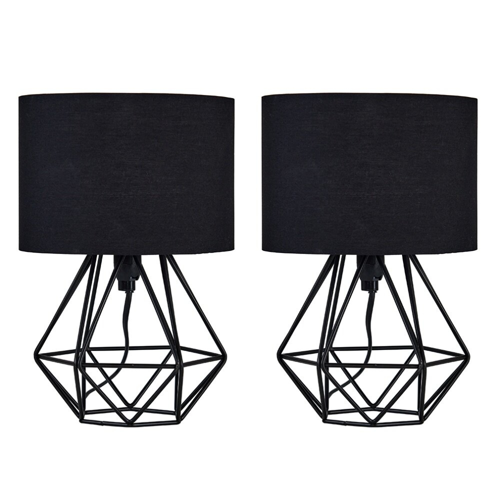 Pair of Modern Small Satin Black Metal Basket Cage Table Lamps with a Black Fabric Shade - Complete with 4w LED Golfball Bulbs [3000K Warm White]