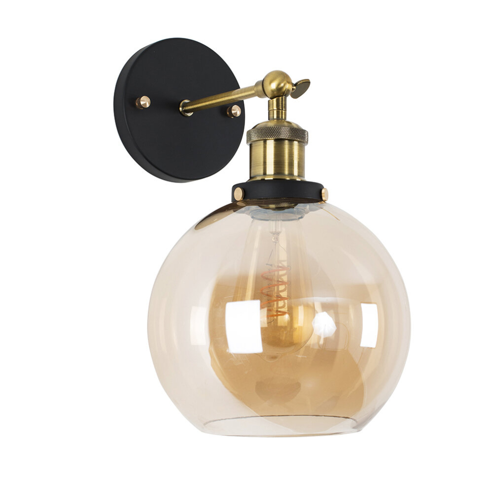 Antique Brass & Black Metal Adjustable Knuckle Joint Wall Light Fitting with Amber Tinted Shade - With a 4w LED Helix Filament Bulb 2200K Warm White