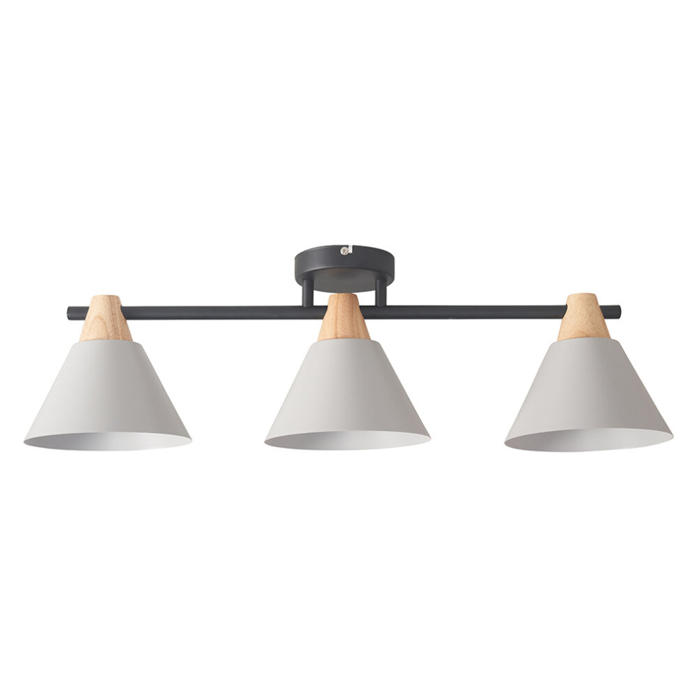 Scandi 3 Way Matt Black & Wood Ceiling Light Fitting with Grey Cone Shades