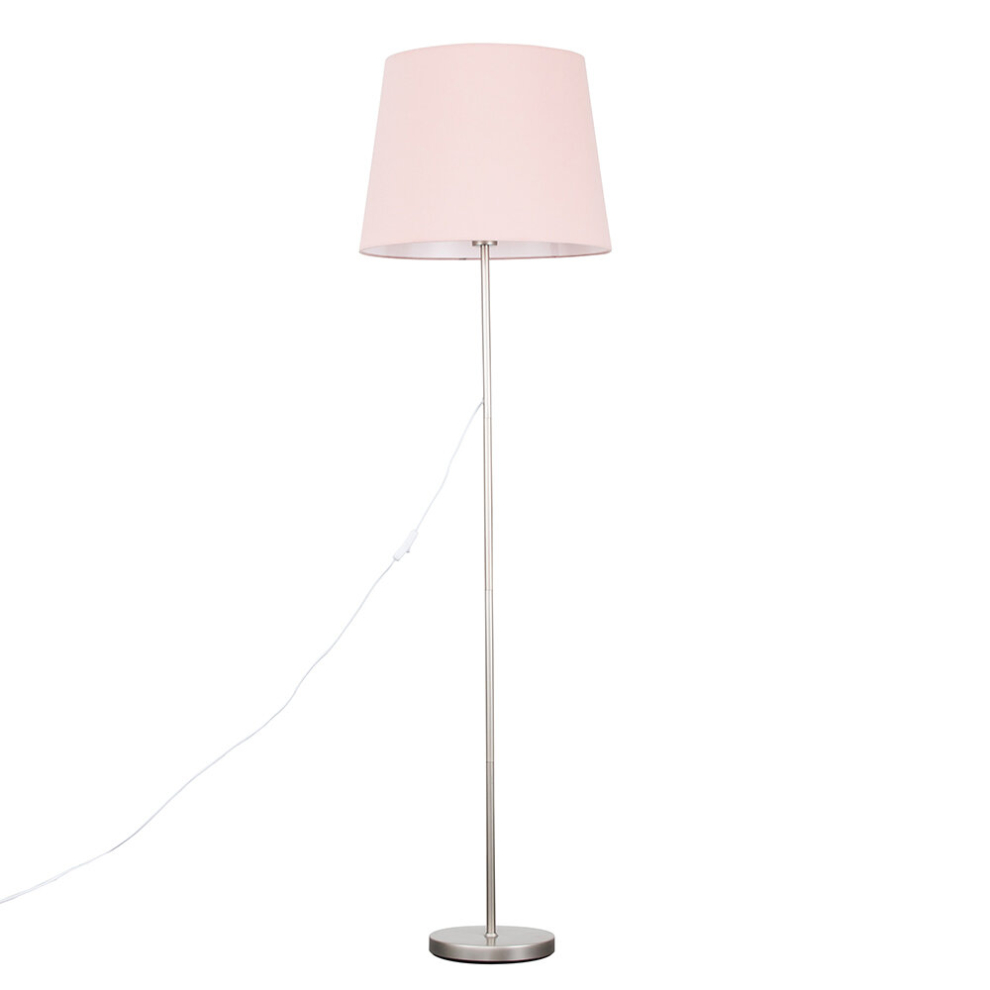 Modern Standard Floor Lamp in a Brushed Chrome Metal Finish with an Extra Large Pink Tapered Shade - With a 6w LED GLS Bulb [3000K Warm White]