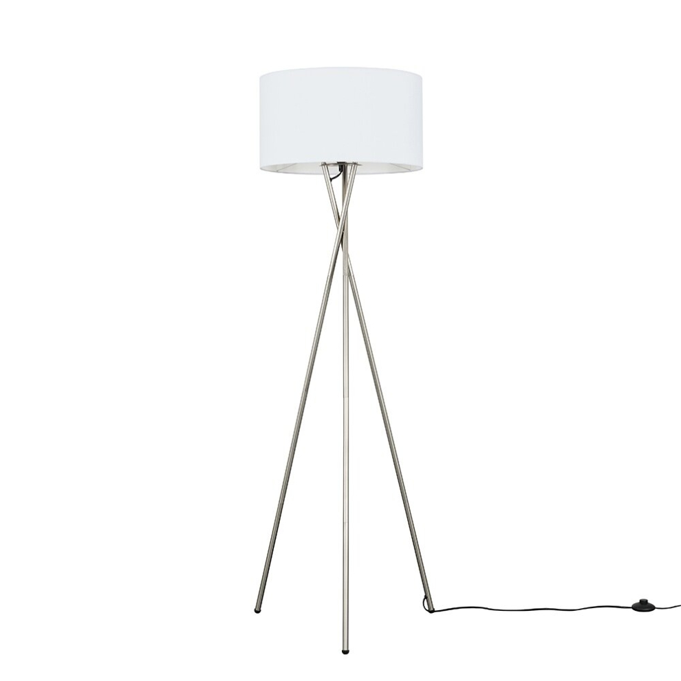 Modern Brushed Chrome Metal Tripod Floor Lamp with a White Cylinder Shade - Complete with a 6w LED Bulb [3000K Warm White]