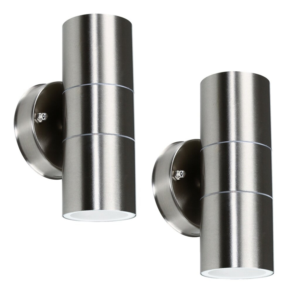 Pair of - Modern Brushed Chrome Outdoor Garden Up/Down Security Wall Lights - IP44 Rated - Complete with 5w GU10 LED Bulbs [3000K Warm White]