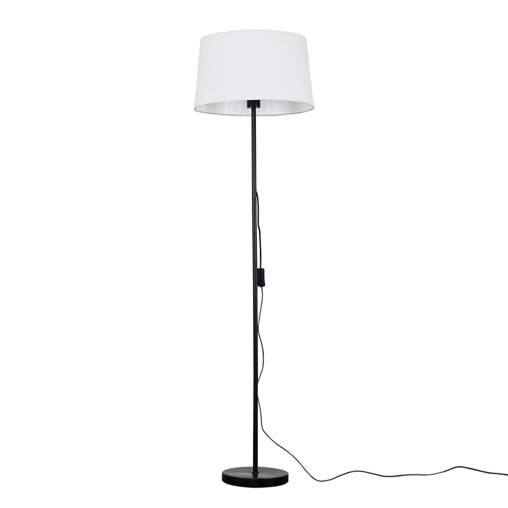 Modern Standard Floor Lamp in a Black Metal Finish with a Faux Linen White Tapered Shade - Complete with a 6w LED GLS Bulb [3000K Warm White]