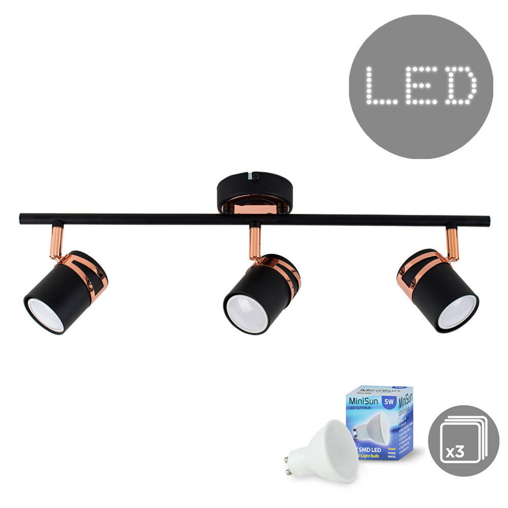 Modern Matt Black & Copper 3 Way Adjustable Straight Bar Ceiling Spotlight - Complete with 5w LED GU10 Bulbs [3000K Warm White]