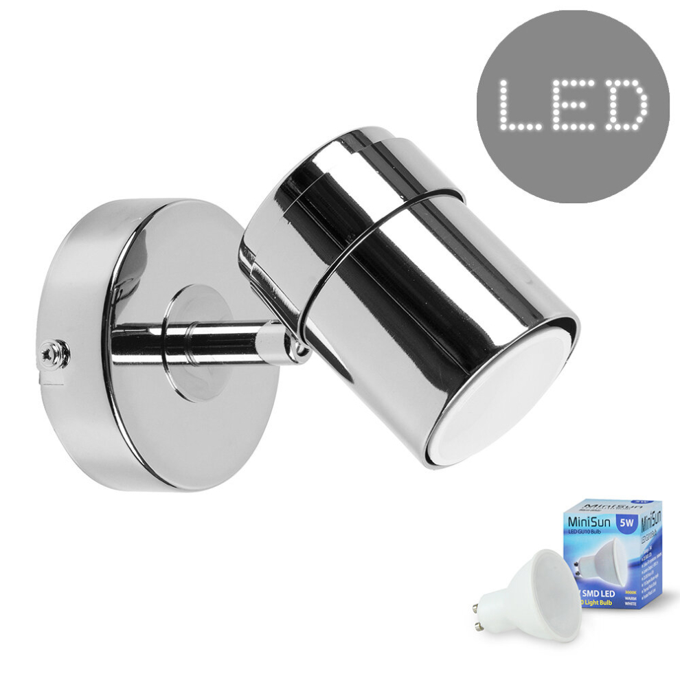 Modern Polished Chrome Single Wall Spotlight Fitting - Complete with a 5w LED GU10 Light Bulb [3000K Warm White]