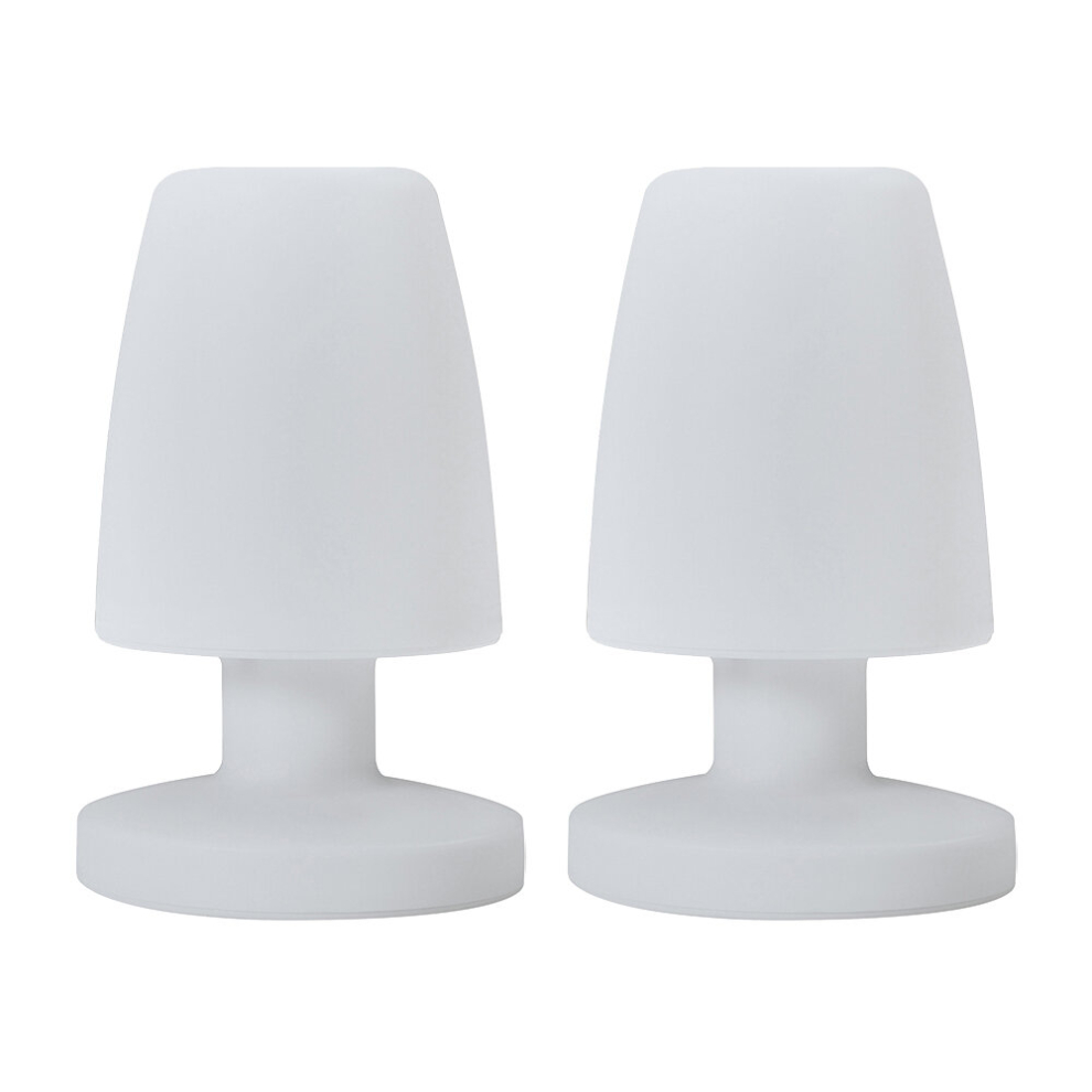 Set of 2 Contemporary Petite IP44 Rated Outdoor Garden White Mushroom Table Lamps with an Integrated Rechargeable RGB Colour Changing LED