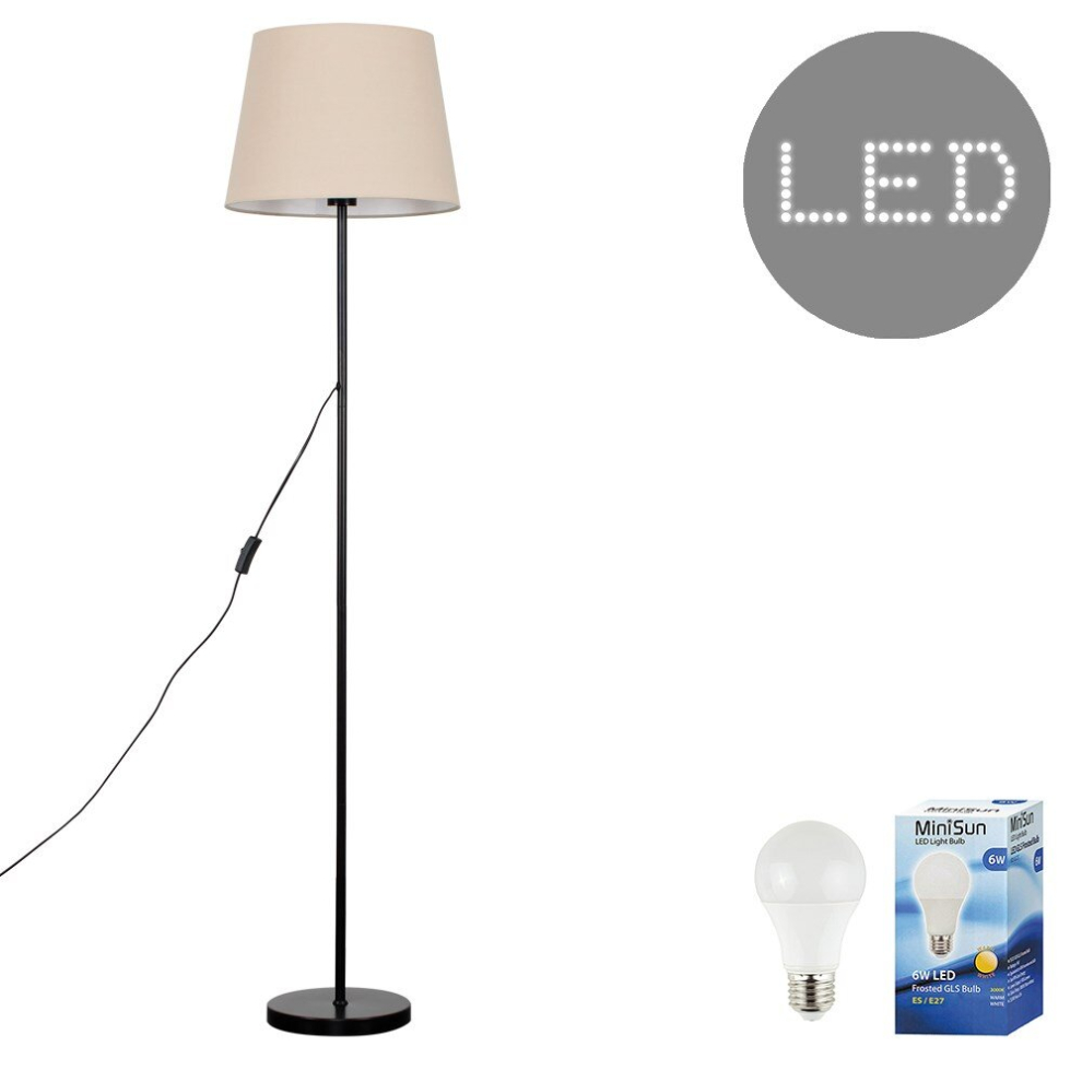 Modern Standard Floor Lamp in a Black Metal Finish with a Large Beige Tapered Light Shade - Complete with a 6w LED GLS Bulb [3000K Warm White]