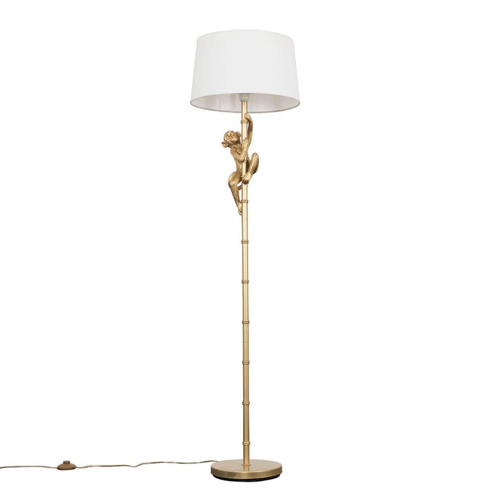 Modern Gold Hanging Monkey Design Floor Lamp with a White Tapered Shade