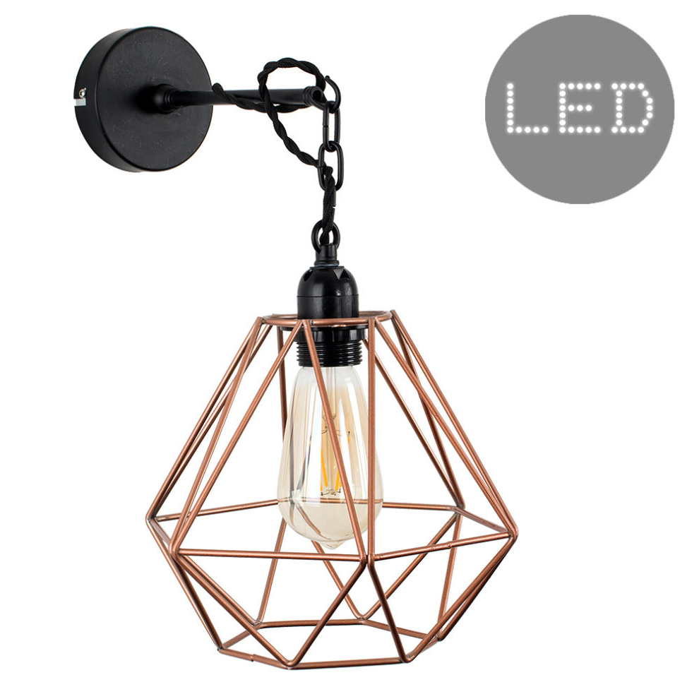 Industrial Black Wall/Ceiling Light Copper Cage Shade 4w LED Bulb