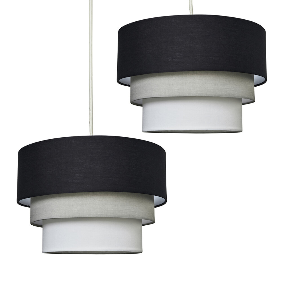 Pair of Round Modern 3 Tier Fabric Ceiling Pendant Lamp Light Shade in Black- Complete with a 10w LED Bulb