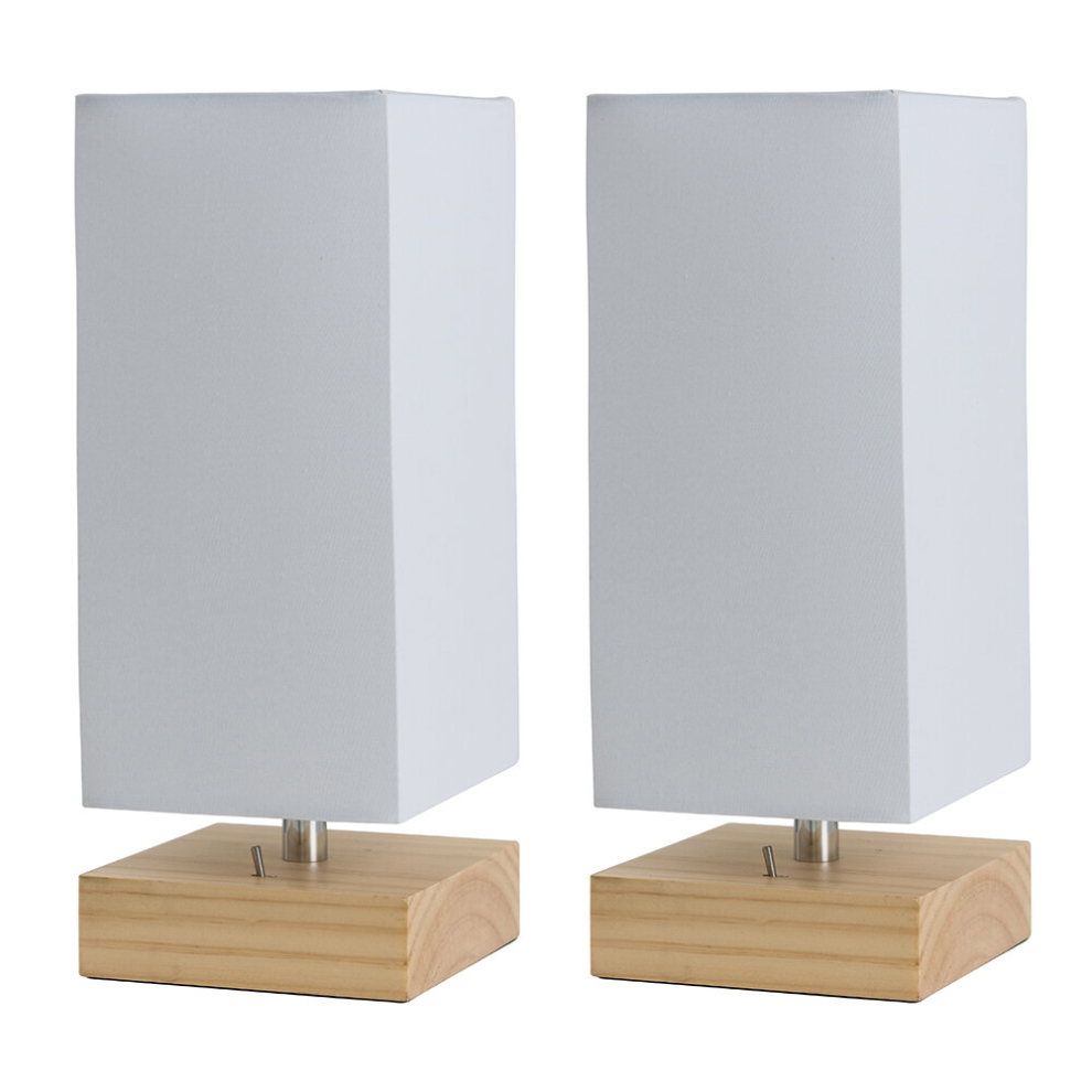 Pair of Modern Pine Wood & White Bedside Table Lamps with USB Charging Port - Complete with 4w LED Bulbs [3000K Warm White]