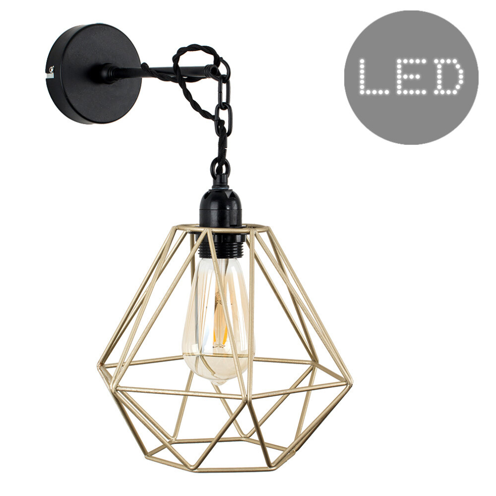 Industrial Black Wall/Ceiling Light Fitting Gold Cage 4w LED Bulb