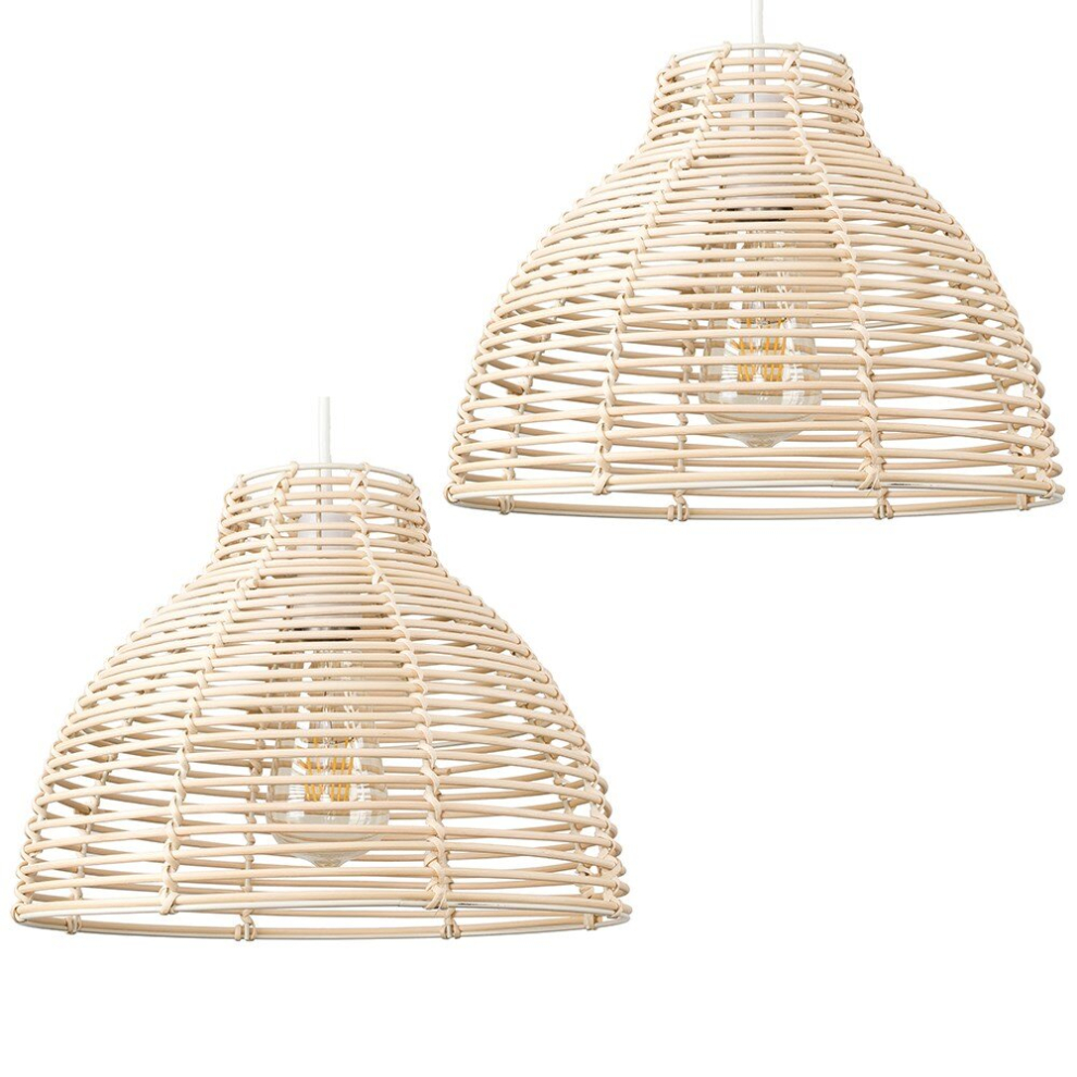 Pair of - Modern Cream Wicker Rattan Basket Style Ceiling Pendant Light Shades - Complete with 10w LED GLS Bulbs [3000K Warm White]