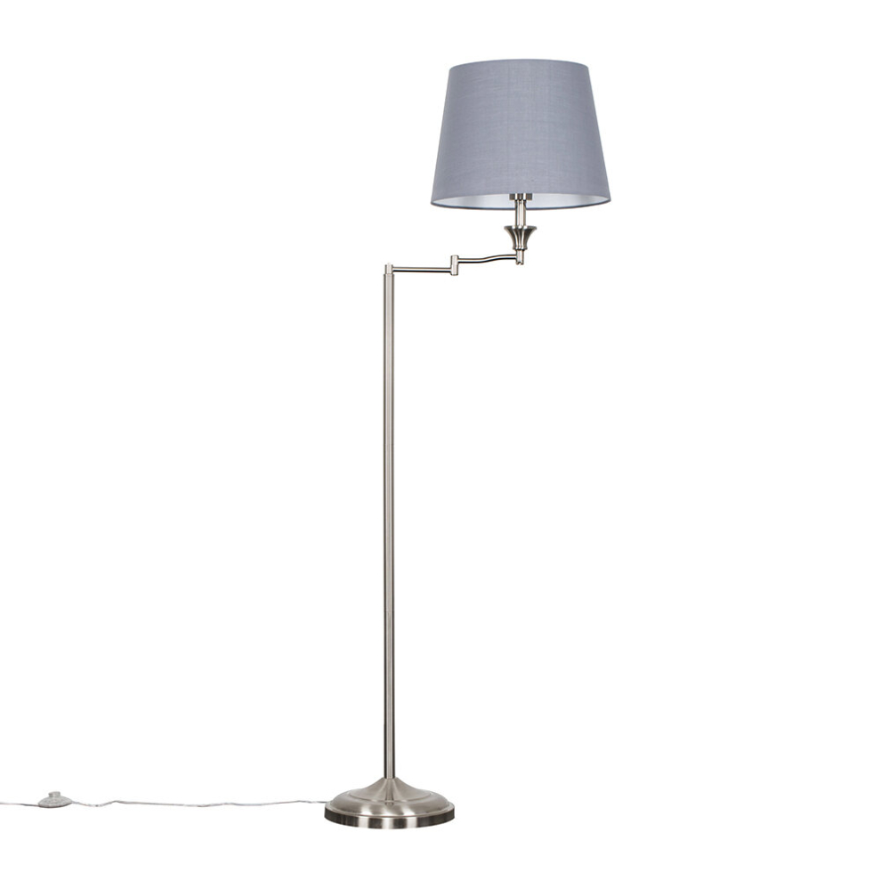 Modern Adjustable Swing Arm Floor Lamp in a Brushed Chrome Finish with a Grey Tapered Light Shade - With a 6w LED GLS Bulb [3000K Warm White]