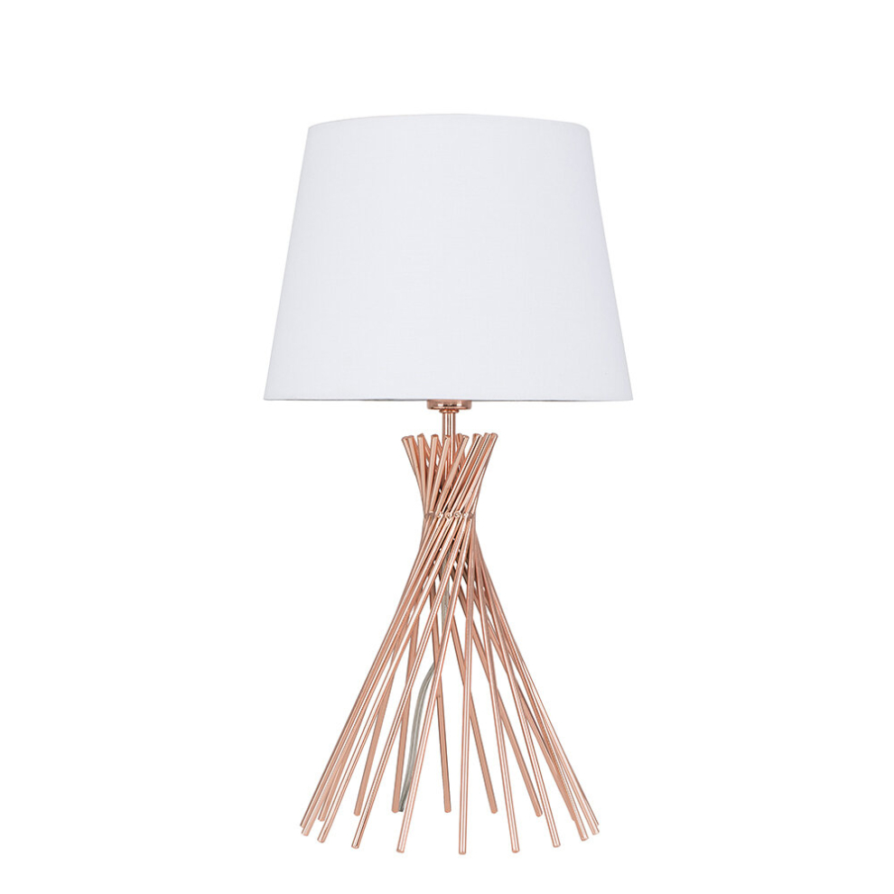 Modern Copper Metal Wire Twist Design Table Lamp with a White Tapered Light Shade - Complete with a 4w LED Golfball Bulb [3000K Warm White]