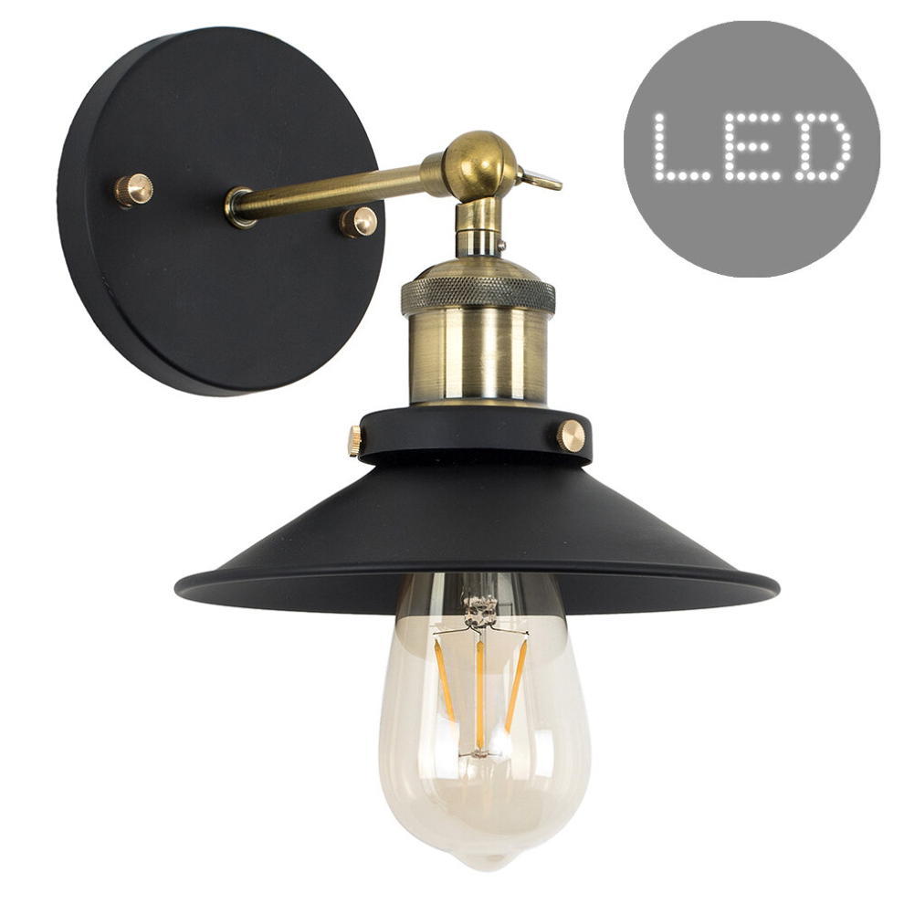 Industrial Black Brass Wall Light Tapered Shade 4w LED Filament Bulb