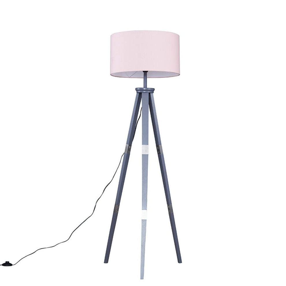 Large Modern Grey Wood & Metal Tripod Design Floor Lamp with a Pink Cylinder Shade - Complete with a 6w LED GLS Bulb [3000K Warm White]