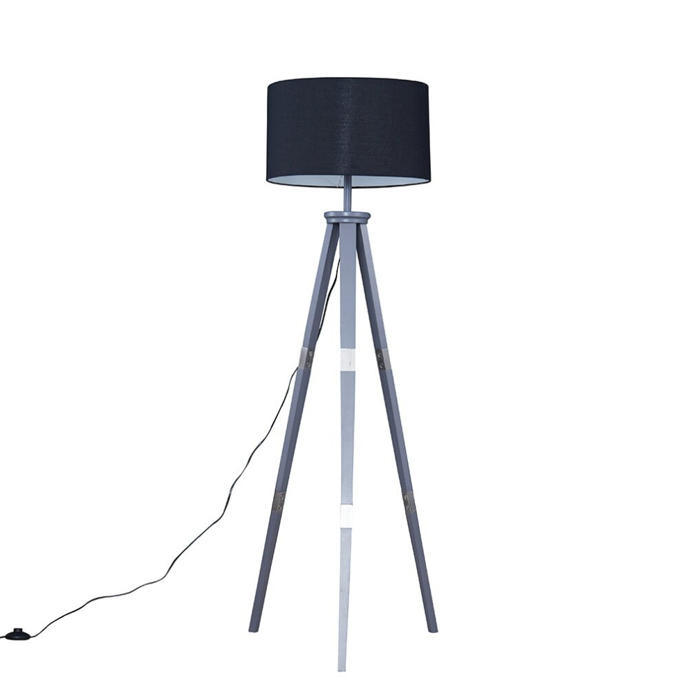 Large Modern Grey Wood & Metal Tripod Design Floor Lamp with a Black Cylinder Shade - Complete with a 6w LED GLS Bulb [3000K Warm White]