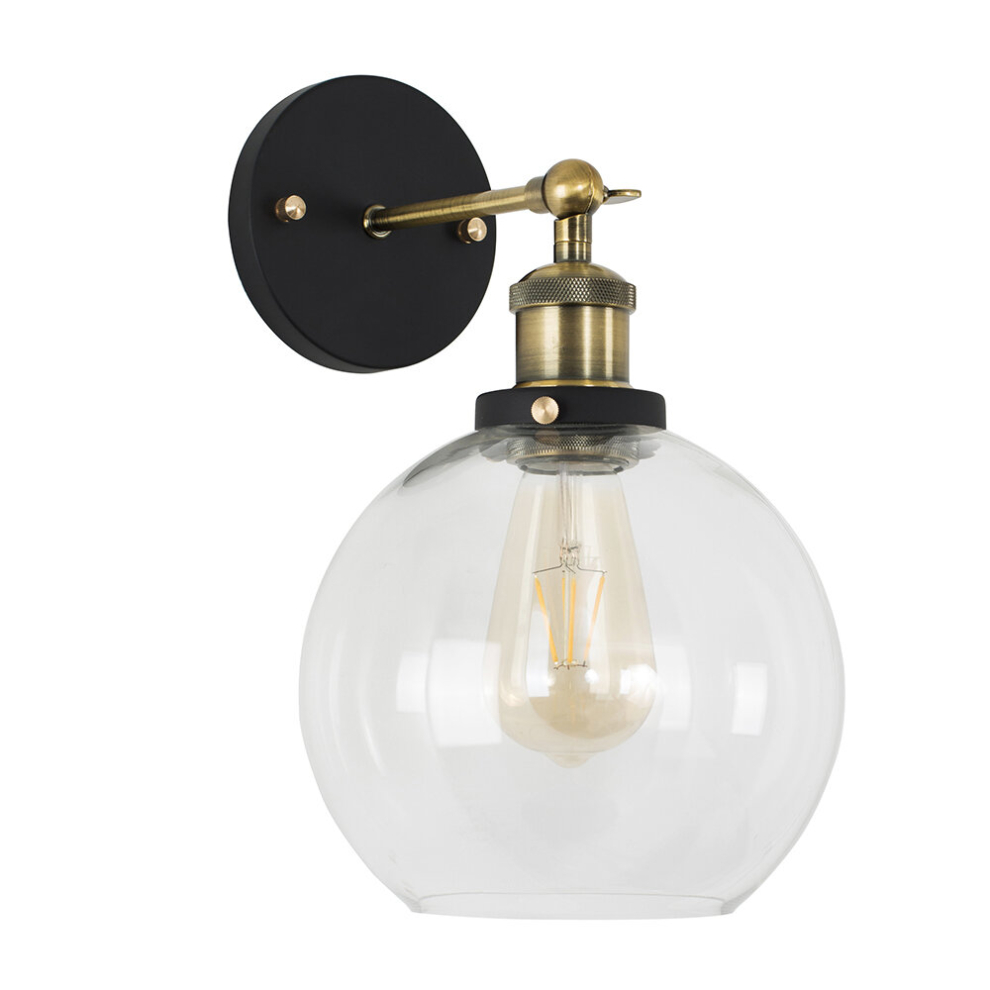 Industrial Black and Gold Wall Light Fitting with an Amber Tinted Clear Glass Globe Shade - With 4w LED Filament Bulb [2700K Warm White]