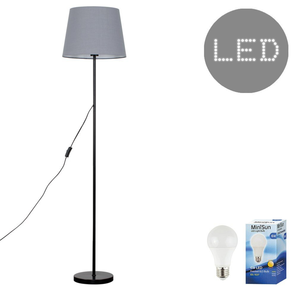 Modern Standard Floor Lamp in a Black Metal Finish with a Large Grey Tapered Light Shade - Complete with a 6w LED GLS Bulb [3000K Warm White]