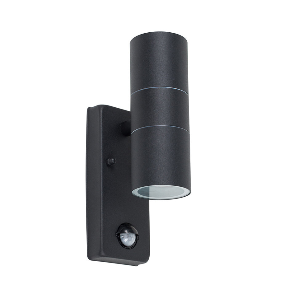 Modern Matt Black Up/Down Outdoor Security Wall Light - PIR Motion Sensor Detector - IP44 Rated - Complete with 2 x 5W GU10 Warm White LED Bulbs