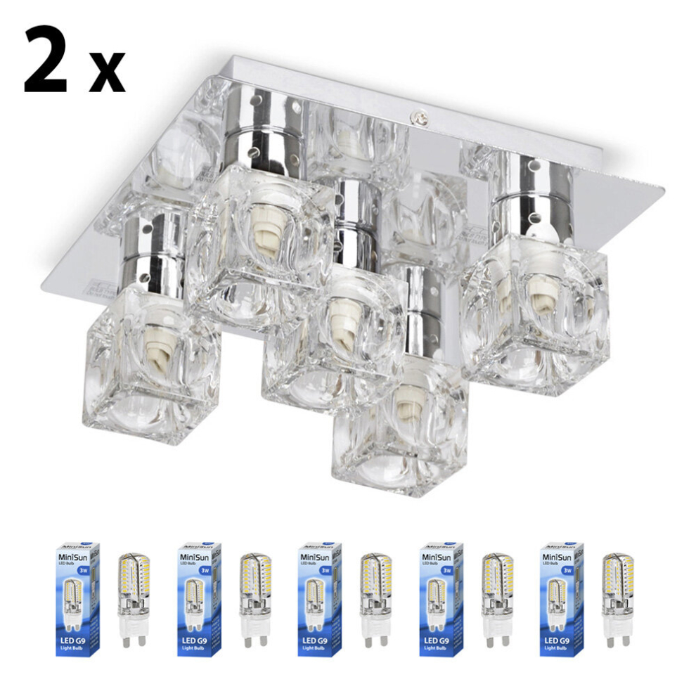 Pair of - Modern Chrome Ice Cube 5 Way Flush Ceiling Spotlights - Complete with 10 x 3w Energy Saving G9 LED Light Bulbs