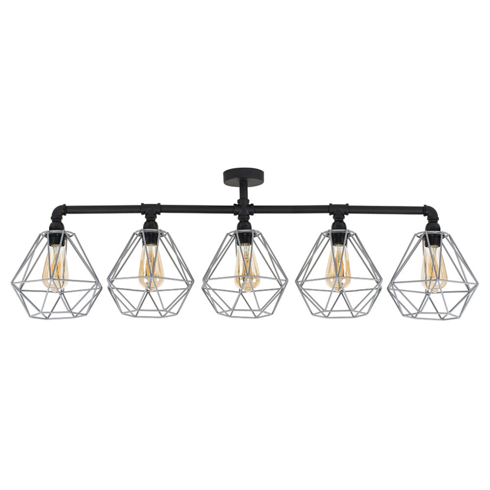 Luiggi Black 5 Way Bar Ceiling Light With Grey Wire Pendant Shade